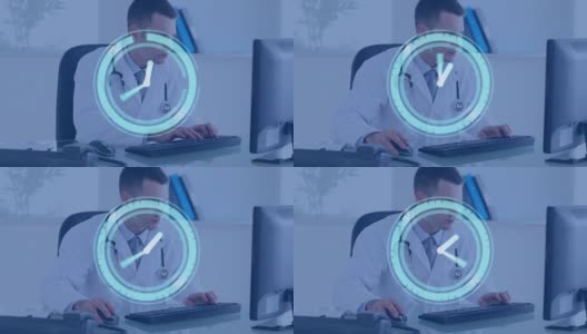 时钟快速移动的动画男医生使用电脑高清在线视频素材下载