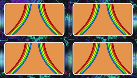 动画橙色面板与两个彩虹条纹移动在发光的网络和灯在黑色高清在线视频素材下载