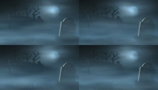 阴森朦胧的墓地上的墓碑，满月的夜晚高清在线视频素材下载