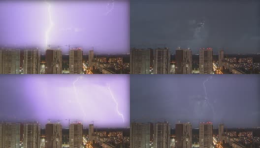 城市上空有强烈的雷暴和明亮的闪电。时间流逝高清在线视频素材下载