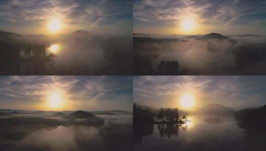 晨雾上山湖，日出照高清在线视频素材下载