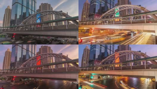 泰国曼谷沙顿崇农斯的昼到夜天桥和道路交通高清在线视频素材下载