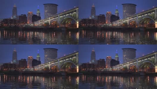 俄亥俄州克利夫兰市中心城市天际线凯霍加河苏必利尔街大桥高清在线视频素材下载