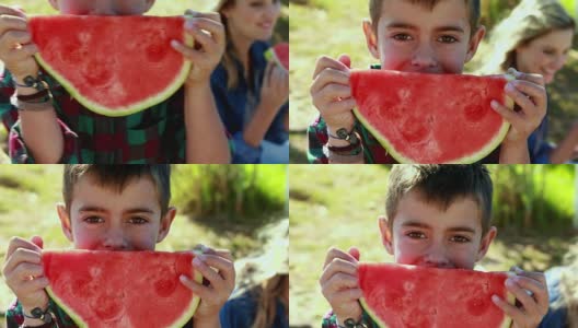 可爱的小男孩在4k公园吃西瓜片高清在线视频素材下载