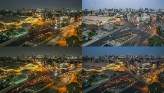 泰国曼谷，从塔顶俯瞰市中心的白天到夜晚。现代科技与城市生活，近距离接触交通堵塞的通讯背景与技术，长曝光与HDR滤波。4 k cinemagrap高清在线视频素材下载