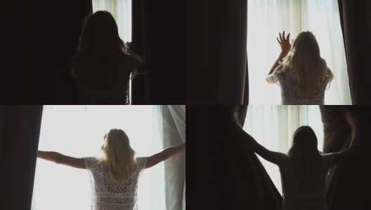 迷人的年轻女子拉开窗帘，慢动作地站在窗前看日出高清在线视频素材下载