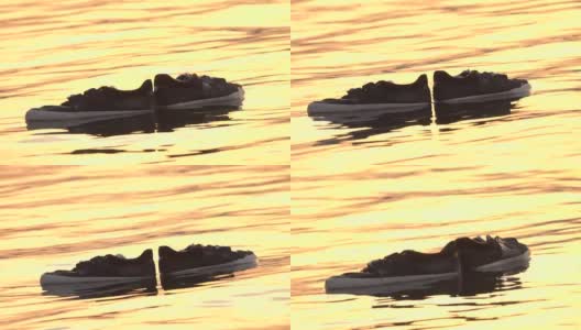 特写:在金色的夕阳下，湿滑的滑板鞋漂浮在水面上高清在线视频素材下载