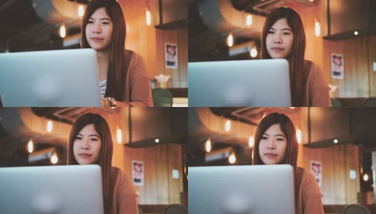 4k视频场景的亚洲女商人在休闲西装工作和咳嗽前笔记本电脑在共同工作空间，商业健康和症状的概念高清在线视频素材下载