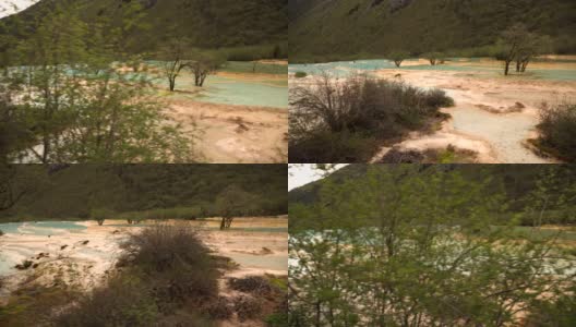 手持式步行景观:黄龙谷景观的五色池，四川，中国高清在线视频素材下载