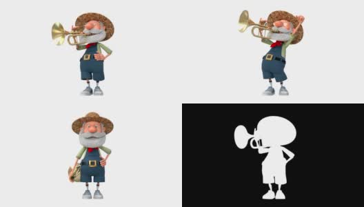 3d插图，快乐的农民童子军吹喇叭高清在线视频素材下载