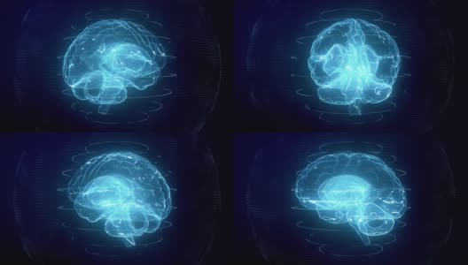 未来的蓝色数字大脑无缝循环。核磁共振扫描中的神经元放电高清在线视频素材下载