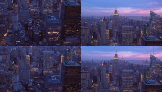 向上倾斜:高角度的曼哈顿纽约日落。美国的生活方式，城市景观地标和旅游理念。高清在线视频素材下载