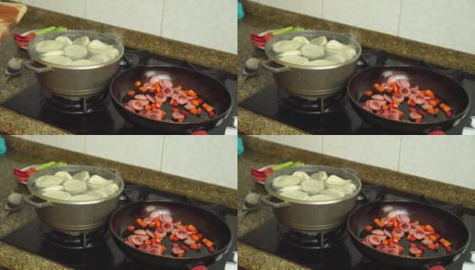 传统的格鲁吉亚khinkali是在炉子上的平底锅里煮的。高清在线视频素材下载
