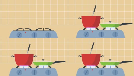 烤箱与锅和平底锅烹饪动画高清在线视频素材下载