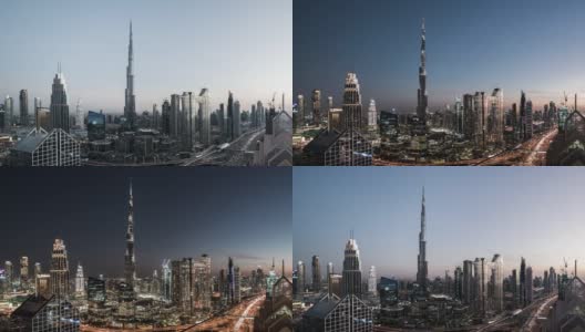 迪拜天际线鸟瞰图，白天到夜晚过渡/迪拜，阿联酋高清在线视频素材下载