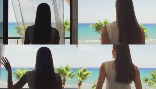 度假的女人拉开窗帘，到阳台上欣赏地中海的海景高清在线视频素材下载