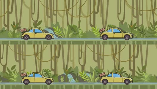 在后面引擎盖上装有行李的动画跑车穿过雨林。移动掀背在丛林和河流的背景。平面动画。高清在线视频素材下载