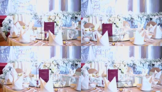 婚礼装饰，桌上放一束鲜花。高清在线视频素材下载