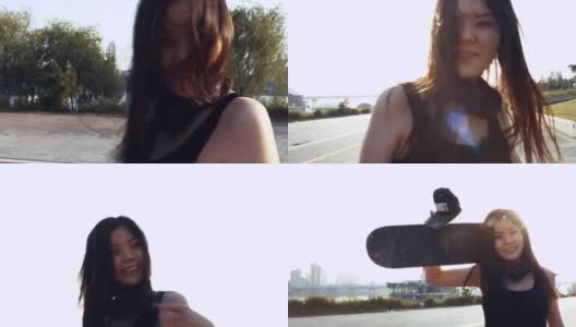 年轻的少女与滑板有乐趣在城市高清在线视频素材下载