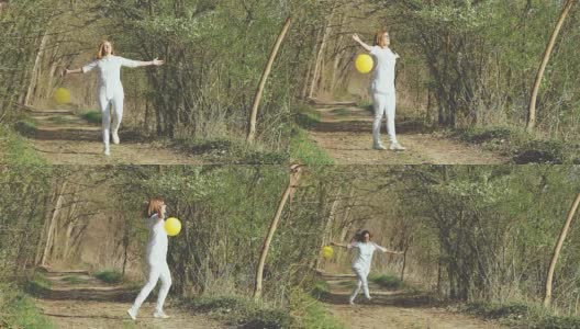 带着气球在森林里蹦蹦跳跳的快乐女人高清在线视频素材下载