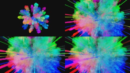 爆炸的火药孤立在黑色背景。3d动画的粒子作为彩色的背景或覆盖效果。迸发出彩虹般的色彩，粉饼呈现出明亮如胡里节。35高清在线视频素材下载