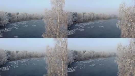 这是一架无人机在波兰拍摄的冬季背景，上面是白雪覆盖的森林和湖泊。高清在线视频素材下载