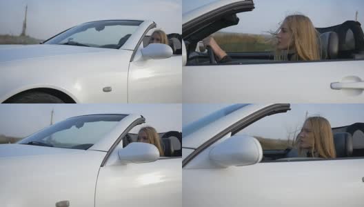 开着一辆白色汽车的金发美女很漂亮高清在线视频素材下载