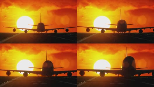 喷气式飞机在大太阳的照耀下从机场跑道起飞高清在线视频素材下载