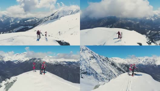 徒步登高，滑雪游览雪山，一览阿尔卑斯山，战胜逆境，取得成功高清在线视频素材下载