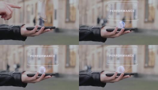 男性双手显示在智能手机概念HUD全息图性能高清在线视频素材下载