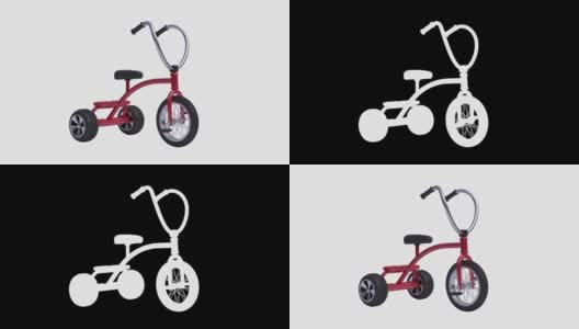 红色儿童自行车/三轮车白色背景alpha剪切路径3d渲染运动高清在线视频素材下载