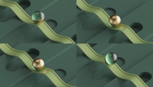 循环动画的3d绿色玻璃球滚动在波浪形的道路。计算机生成简单几何形状的无缝运动设计。重复运动。现场形象，现代最小动画海报。高清在线视频素材下载