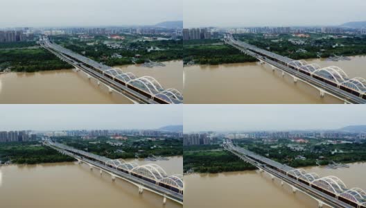 河流上方城市交通鸟瞰图高清在线视频素材下载