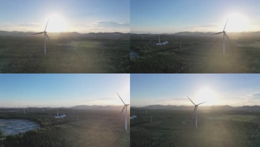 高角度看宏伟的农场风力农场在日落高清在线视频素材下载