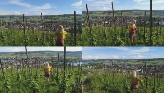 一个女人走在瑞士的葡萄园里高清在线视频素材下载