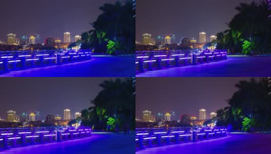 夜晚灯火辉煌的三亚著名酒店综合体湾全景4k时间的中国海南岛高清在线视频素材下载