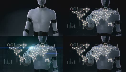 机器人、半机械人用4K大小的通讯技术连接世界人民。与经济图,图表。社会media.2。高清在线视频素材下载