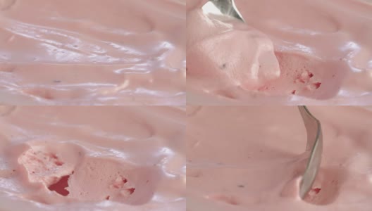 草莓冰淇淋和勺子的微距慢动作高清在线视频素材下载