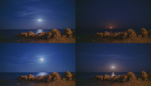 史诗般的月亮从海上升起。有一个月球轨道，星星和陨星高清在线视频素材下载