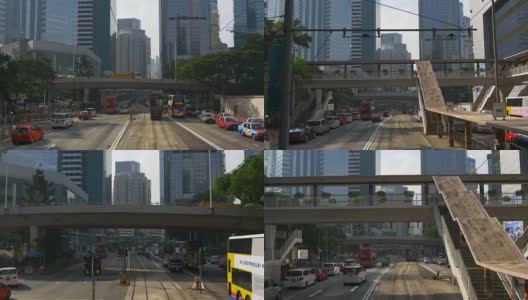 阳光明媚的一天时间香港市中心有轨电车乘坐街道全景4k中国高清在线视频素材下载