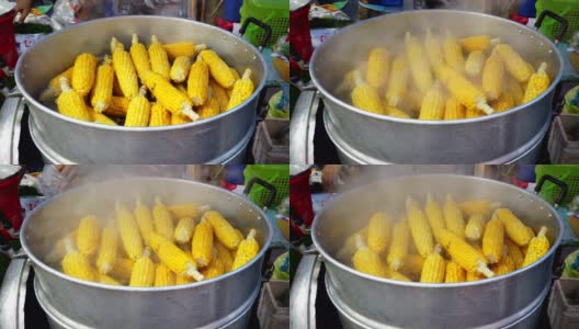 热锅里的黄色玉米。美味的小甜玉米。煮玉米棒子，在沸水玉米与维生素有益健康。泰国街头快餐高清在线视频素材下载