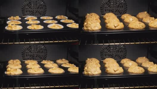 苹果松饼在烤箱里烤盘里。用红糖加糖的柔软湿润的苹果松饼高清在线视频素材下载