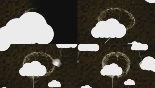 动画白云与悬挂媒体图标上方的大脑在黑色的背景高清在线视频素材下载