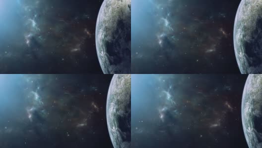空间背景。绕着有彩色分形星云和恒星的大行星飞行。数字动画，3D渲染高清在线视频素材下载