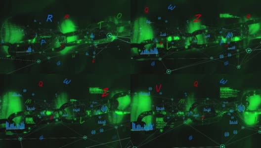 通信网络的动画和处理发光的绿色数据在黑色的背景高清在线视频素材下载