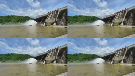 Khun Dan Prakan Chon水坝是一座大型混凝土大坝，在雨季会放水。地址在泰国那空那育省高清在线视频素材下载