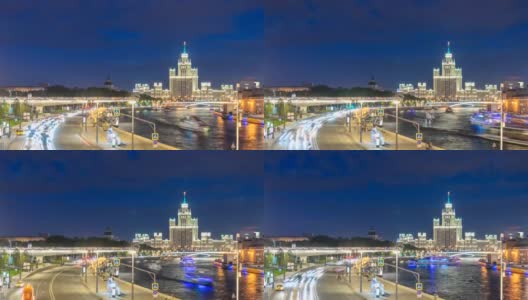 莫斯科城市天际线白天到晚上的时间流逝在莫斯科河和科特尼切斯卡亚堤岸大楼，莫斯科俄罗斯4K时间流逝高清在线视频素材下载