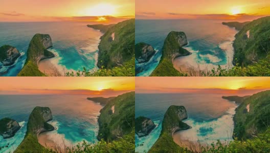 鸟瞰图时间推移的克林金海滩巨大的岩石日落在努沙佩尼达，印度尼西亚高清在线视频素材下载
