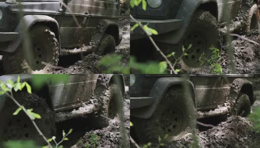 一辆黑色越野车陷在了森林里的泥里高清在线视频素材下载