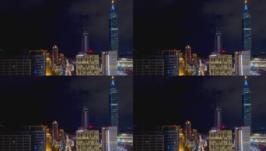 夜光照亮台北市景著名塔空中全景4k时间推移台湾高清在线视频素材下载